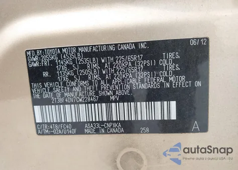 2012 Toyota Rav4 z USA, uszkodzony, nr VIN 2T3BF4DV7CW228467